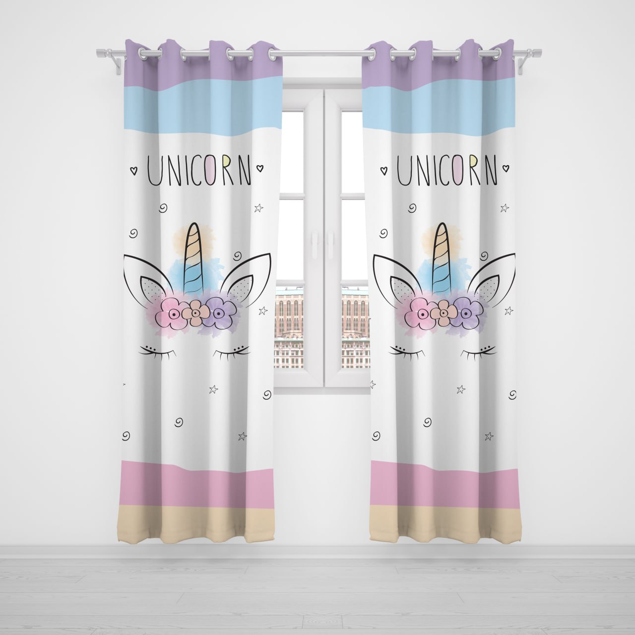 پرده پانچی اتاق کودک برند مینوریا کیدز طرح یونی کورن کد p-428